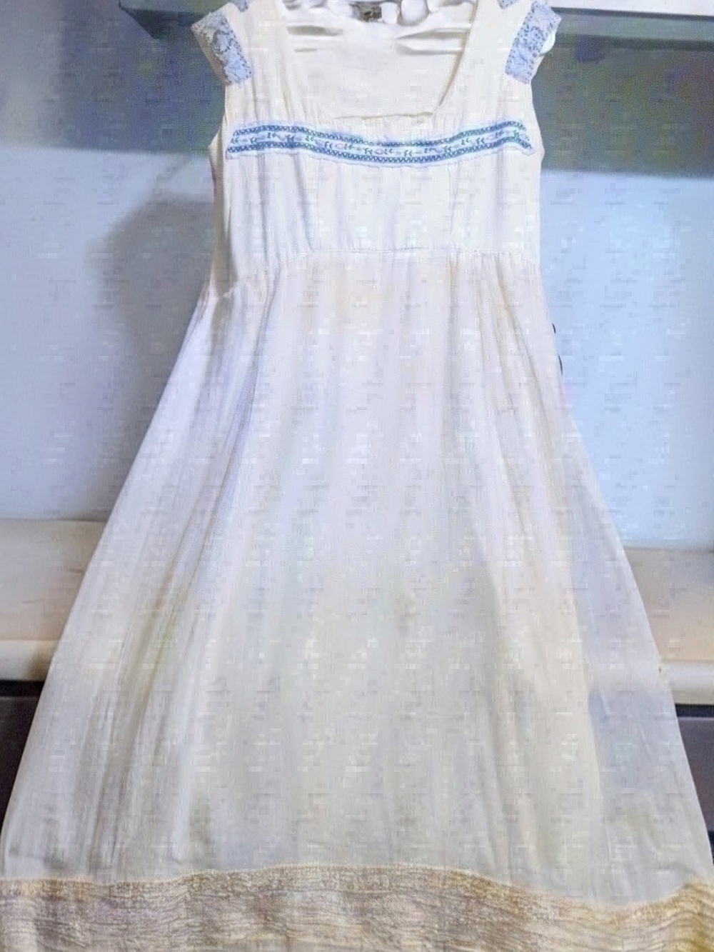 Girls' Cream Dress with Blue Embroidered Trim